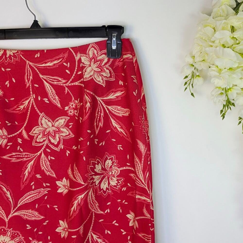 Talbots Petites Skirt 10 Berry Red Floral Midi Cotton Zip Boho Cottage Classic - Picture 7 of 14